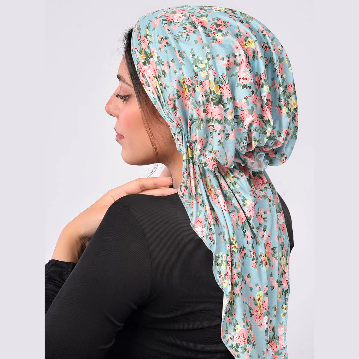 Casquettes Hijab musulmanes à imprimé floral pour dames, bonnet turban à longue queue, tête ronde, doux, élastique, coiffure portable, mode, nouveau, 2024