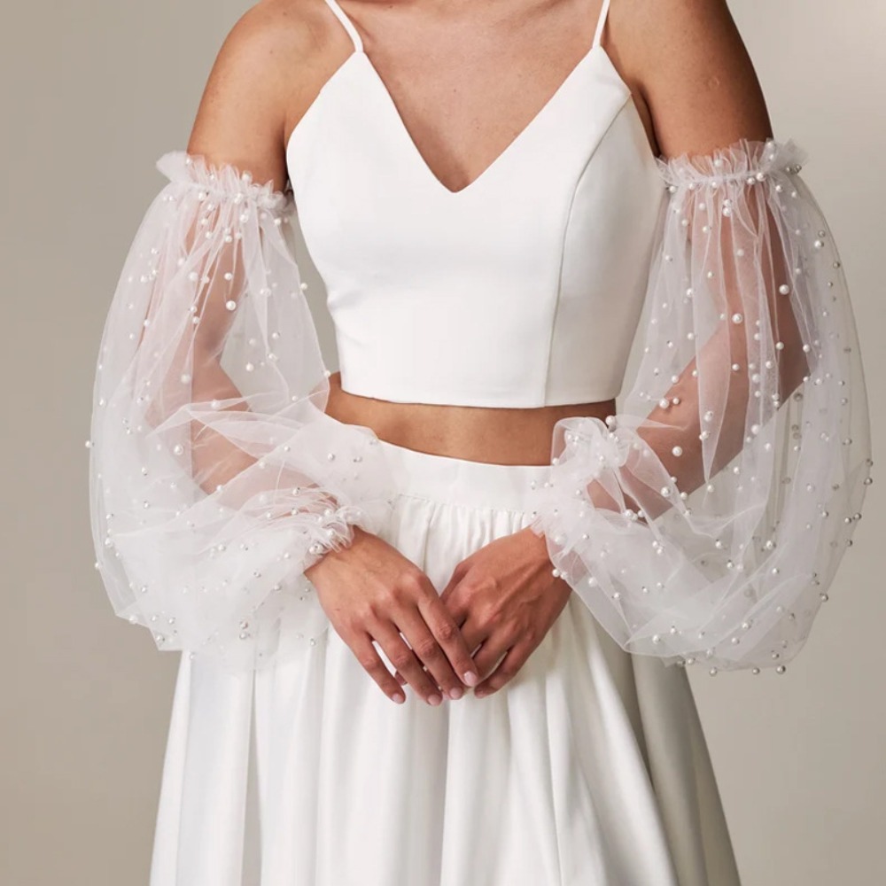 Manches de bras de mariée en fil élégant, dentelle plissée, respirantes, manches longues de mariage, manches fines en forme de lanterne détachables pour femmes