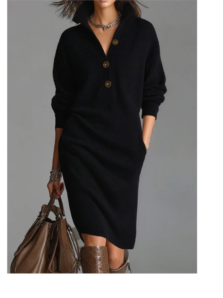 Robe pull tricotée pour femme, mode hiver, décontractée, à col boutonné, coupe ample, avec poches, style décontracté, longue, à manches longues, au-dessus du genou