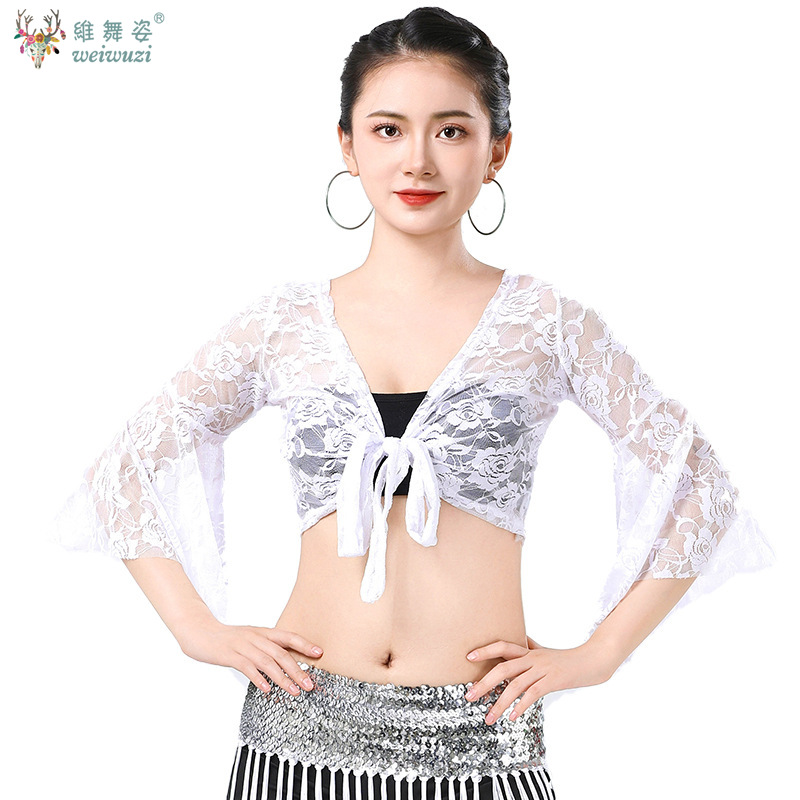 Costume de danse du ventre pour femmes, manches évasées en maille, châle à lacets, boléro, hauts, chemise de Ballet latine, Costume de spectacle