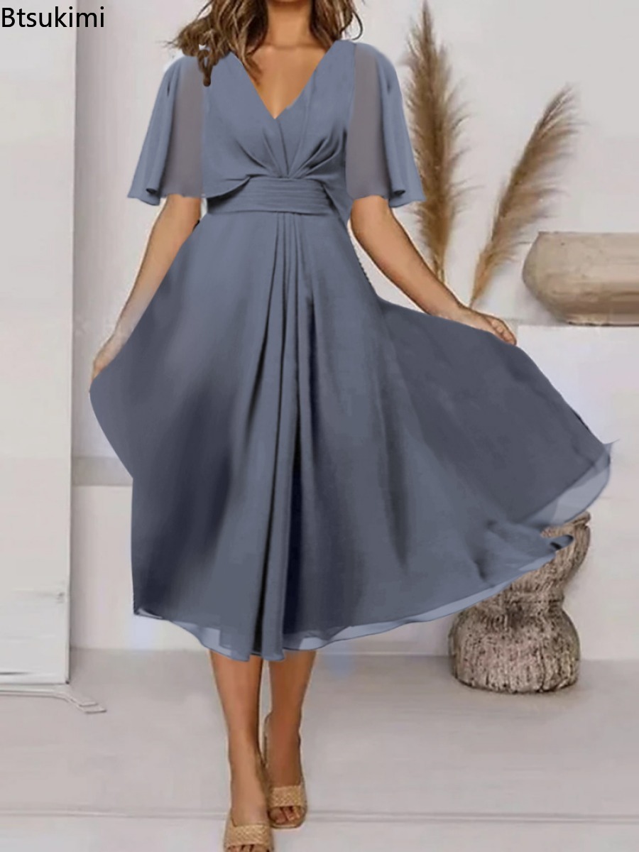 Robe de soirée longue et élégante pour femmes, grande taille, ligne A, col en V, volants, en mousseline de soie, Robe de mariée formelle, éblouissante, 2026