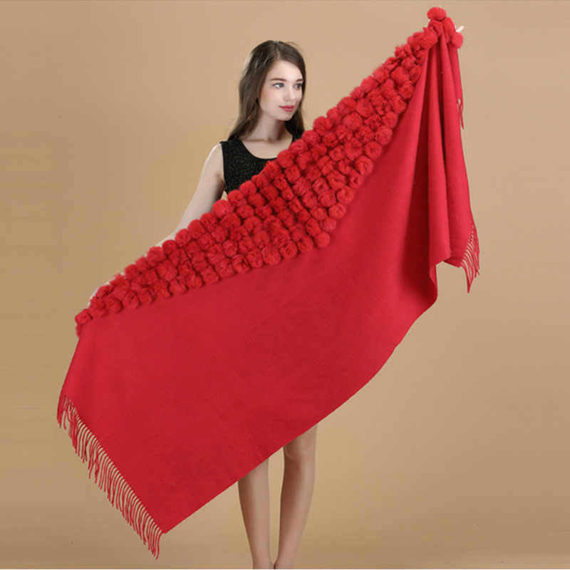 Marque de luxe cachemire Pashmina femmes hiver épais chaud réel fourrure de lapin pompon boule châles et enveloppes femmes 100% laine écharpe