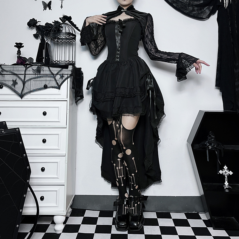 Robe Gothique en Dentelle Noire pour Femme, Tenue Asymétrique, Vintage, Taille artificiel astique, Plissée, Tambours