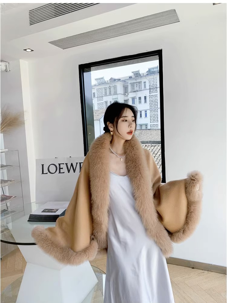 MS.MinShu-Poncho double face en laine pour femme, avec bordure en vraie fourrure de renard, pour dame d'hiver