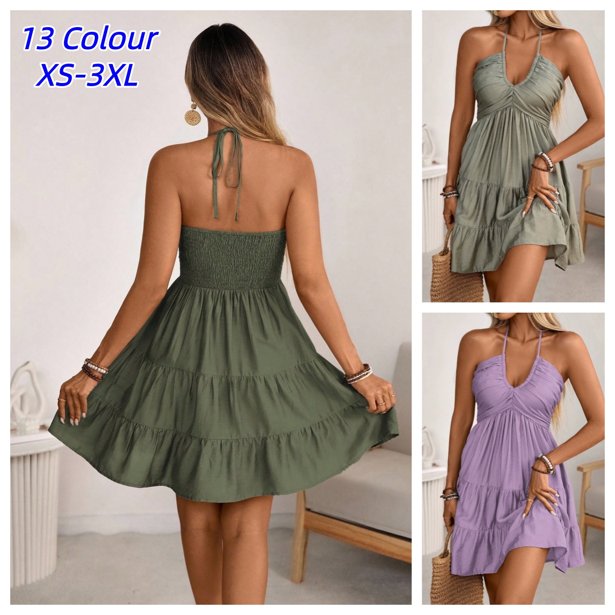 Robe Courte Bohème pour Femme, Style Halter, Épaules Dénudées, Dos Nu, Mini, Fluide, à Volants, pour l'Été, la Plage et les Vacances