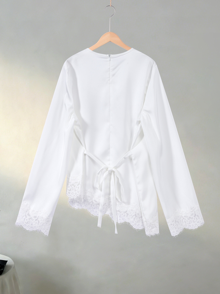 Haut élégant en satin et dentelle patchwork pour femme, col rond, manches longues amples, chemisier à bretelles, T-shirt chic po