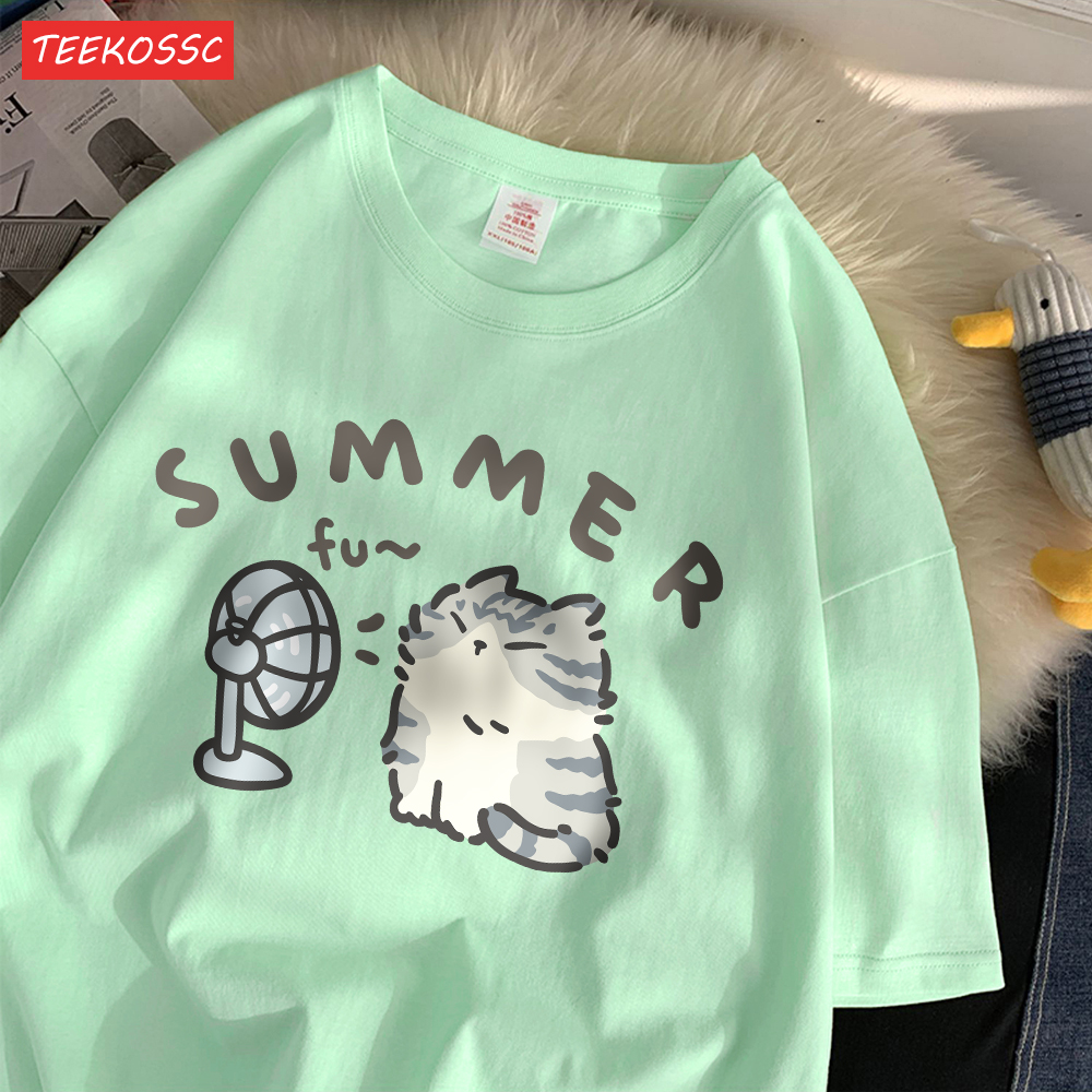 Mode coton femmes T-Shirts créatif été coup ventilateur chat imprime à manches courtes col rond ample respirant décontracté femme vêtements