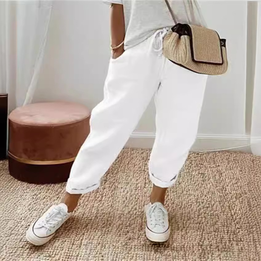 Femmes mélange jambe large sarouel été mode taille élastique poche solide cheville pantalon S-5XL surdimensionné LRFZ-911