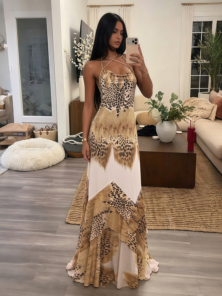 Robe longue moulante Kliou imprimé léopard sexy pour femme, dos nu, sans manches, à lacets, style mode urbaine, taille ajustée