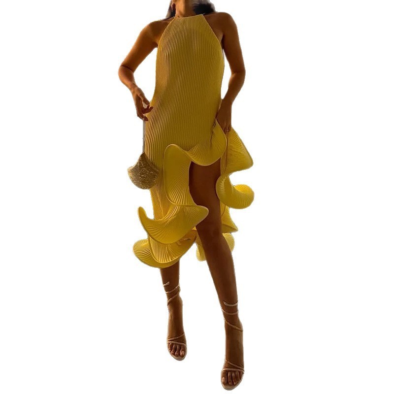 Robe longue jaune romantique pour femme, col licou, en maille côtelée, à volants, fente haute, coupe ajustée, Vestido 2026, Nouvelle collection Printemps, Robes tendance et mode