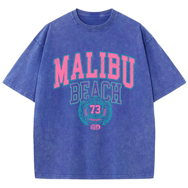 T-shirt Malibu Beach délavé, imprimé lettres, en coton, confortable, col rond, décontracté, surdimensionné, vêtements vintage