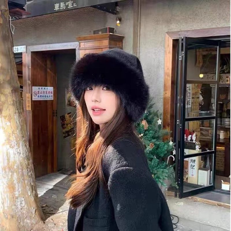 Chapeau seau d'hiver pour femmes, Streetwear, bonnet coupe-vent en peluche, fausse fourrure de vison, mode doux Shopping, épais et chaud, chapeau mongol pour dames