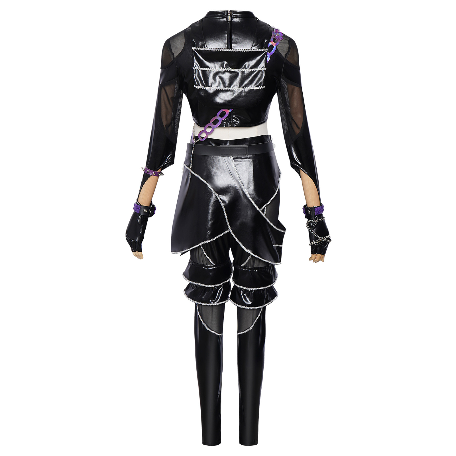 Tenues Kpop pour femmes, ensemble en cuir PU noir et violet, style Y2K cyberpunk streetwear, sexy, patchwork en mesh, costume de performance de danse jazz