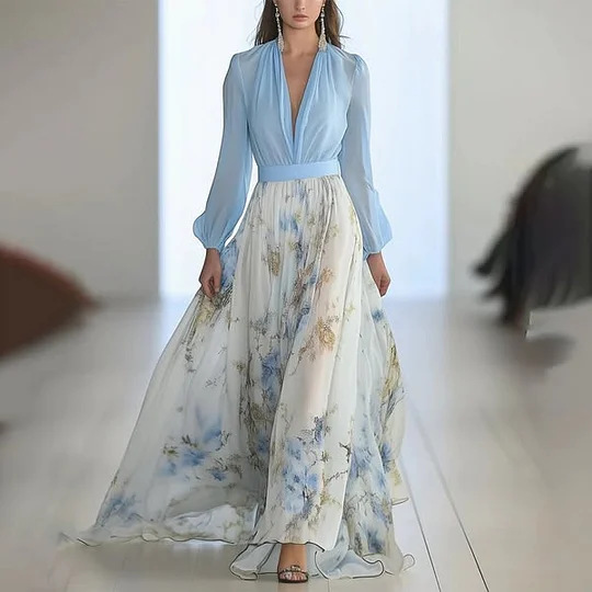Robe Maxi élégante à manches longues pour femmes, mode d'été, Slim, imprimé Floral, col en v, robes longues blanches décontractées, 2025