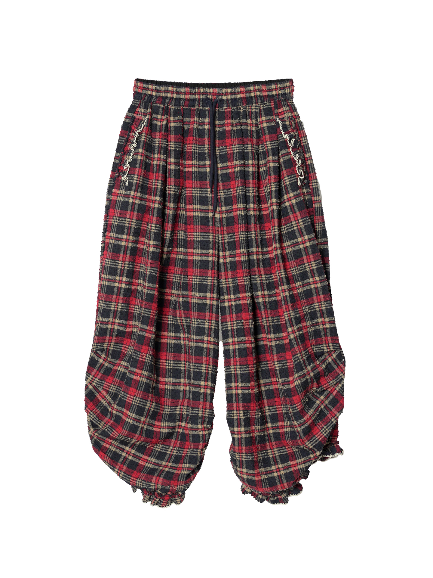 Vêtements féminins, pantalons et jupes pour femmes, pantalon carotte à carreaux, taille élastique, ourlet à volants, style rétro, coupe ample, tenue décontractée