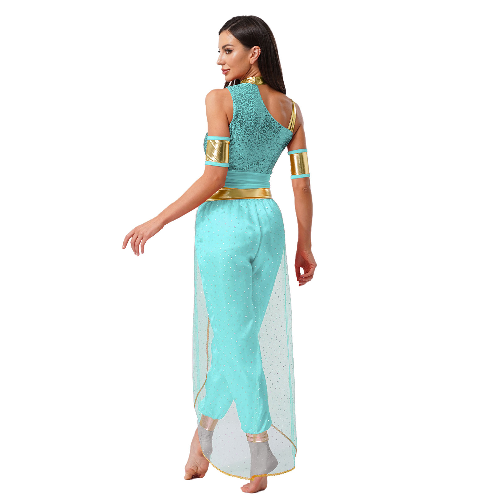 Costume de princesse arabe pour femmes, costume de cosplay d'Halloween, décor de pierres précieuses, superposition de tulle brillant, combinaison, tenue de carnaval, vêtements de danse du ventre