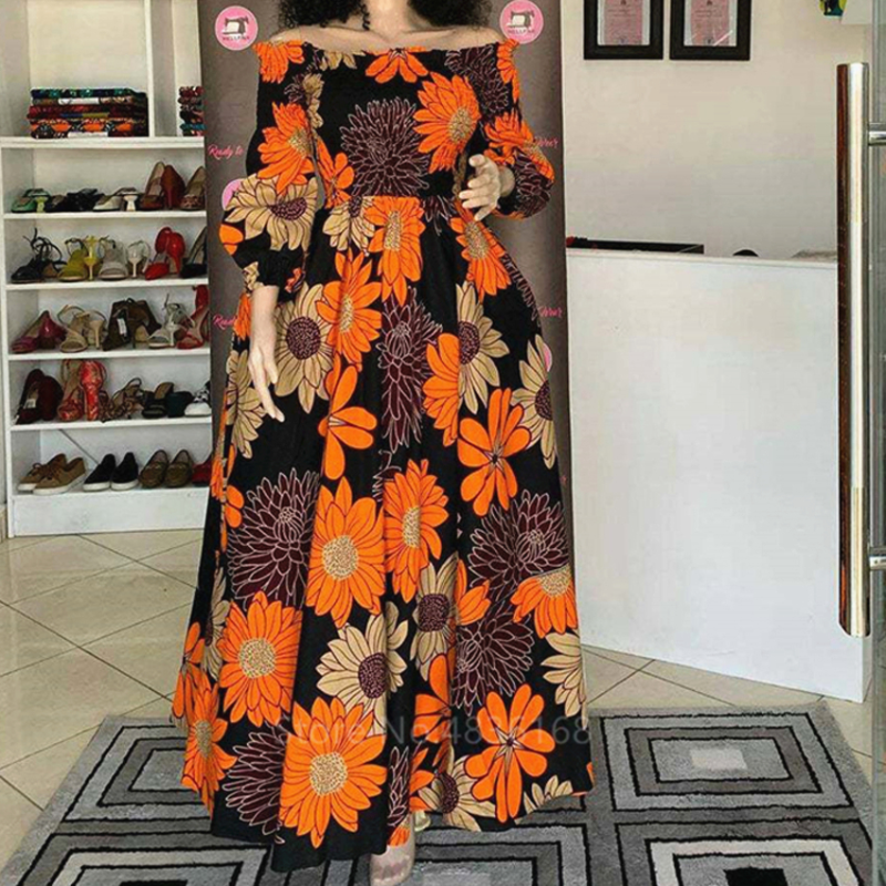 Robe de Soirée à Imprimé National Africain pour Femme, Décontractée, Sexy, Col Bateau, Maxi, Vintage, Manches sulf, Élégante, Nouvelle Collection