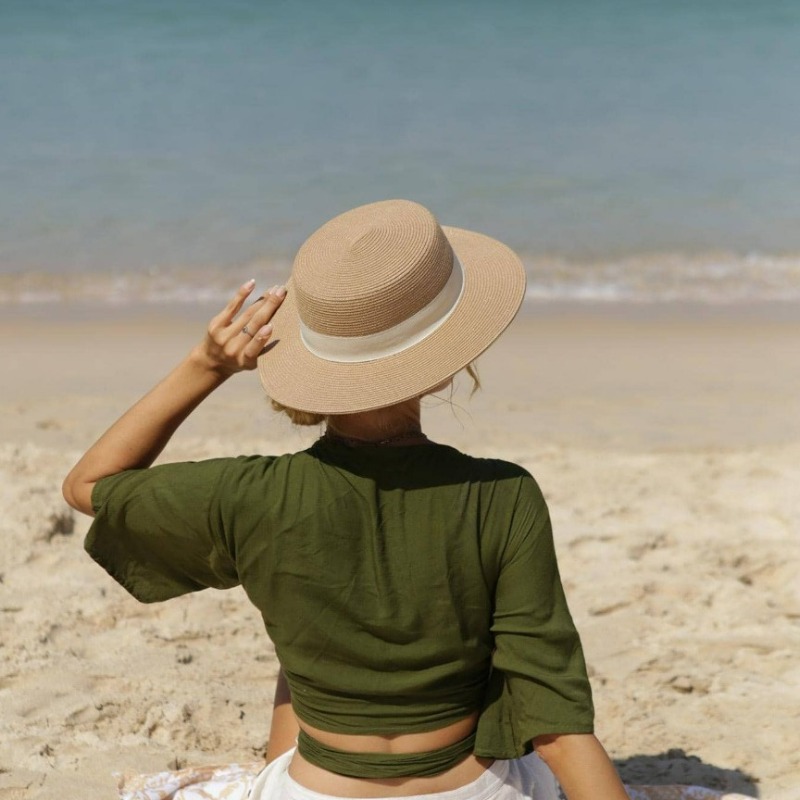 1 pièce Chapeau de paille d'été à large bord pour femme, Chapeau de soleil, Chapeau de plage, Chapeau Panama, Chapeau Fedora