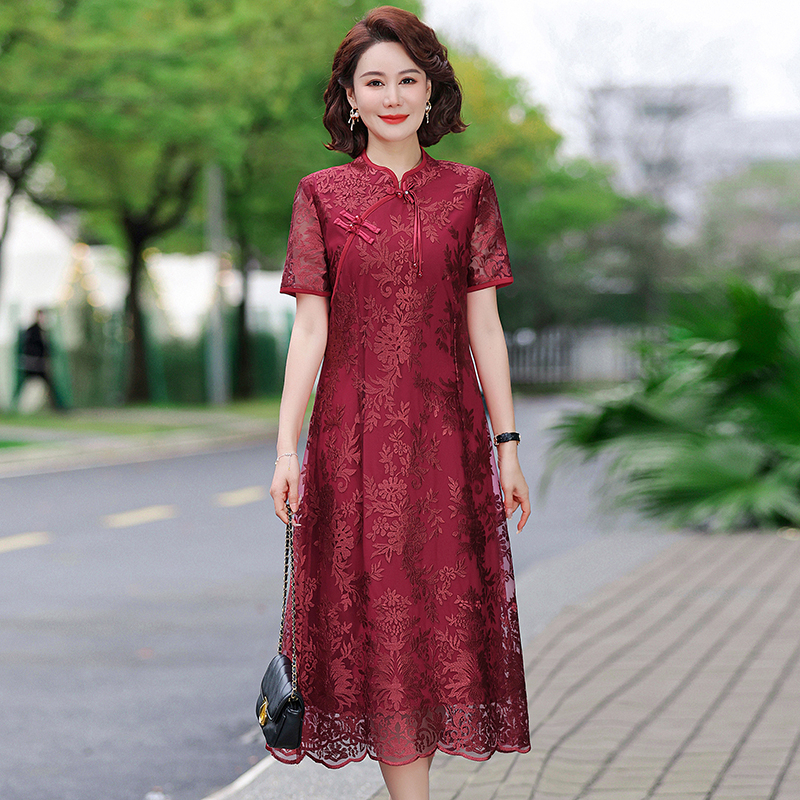 Robe Vintage à manches courtes pour femmes, vêtements de Style chinois pour mères d'âge moyen, robes longues au genou, robe de Banquet de mariage