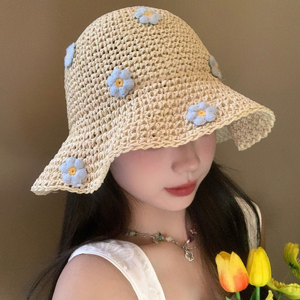 Chapeau de paille fleuri pour femme, chapeau de pêcheur pliable anti-UV pour l'été, chapeau tressé ajouré style vacances
