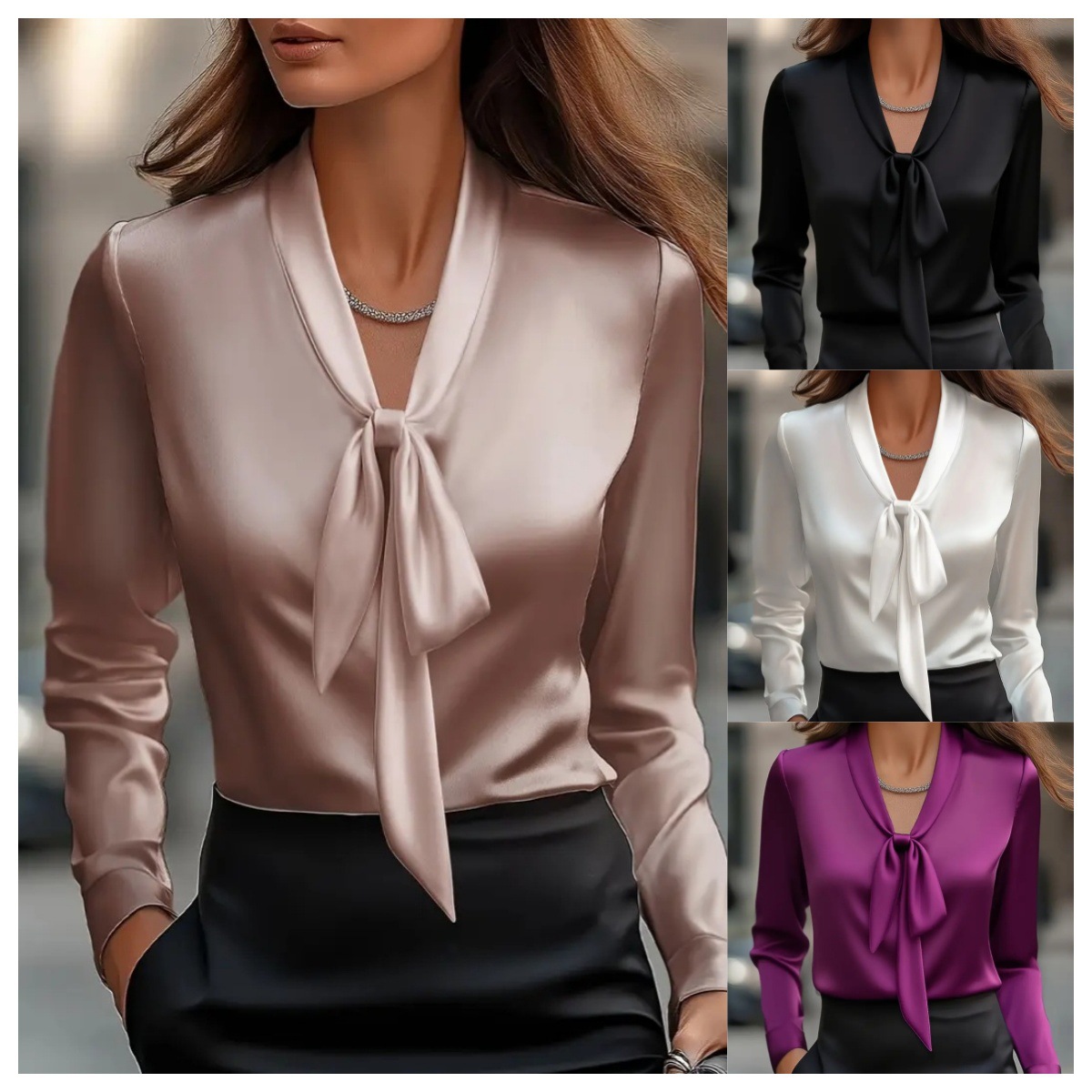 Pull en Satin pour femmes, chemise avec nœud papillon, haut rose, élégant, manches longues, chemisiers blancs, nouvelle collection