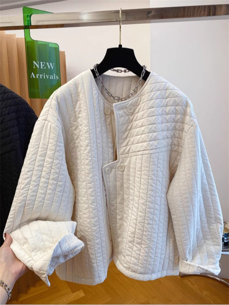 Veste coréenne en coton matelassé à col rond pour femmes, manteau léger et ample décontracté avec patte irrégulière et pince en coton, 2025