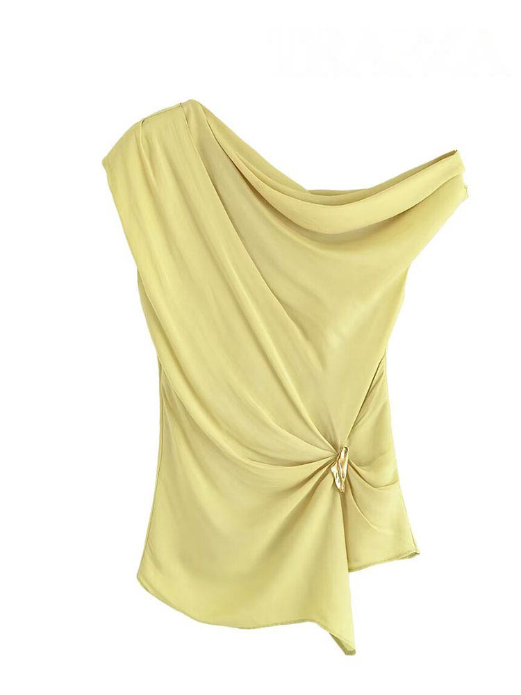 HH femmes mode d'été Sexy soie Segment Texture asymétrique haut sans manches femme élégant polyvalent or incrusté haut plissé