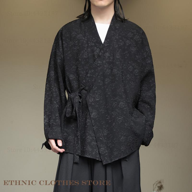 Cardigan Kimono pour hommes, grande taille 3XL 4XL 5XL, haut de Style chinois rétro Jacquard Hanfu, manteau Yukata japonais, veste Harajuku Streetwear