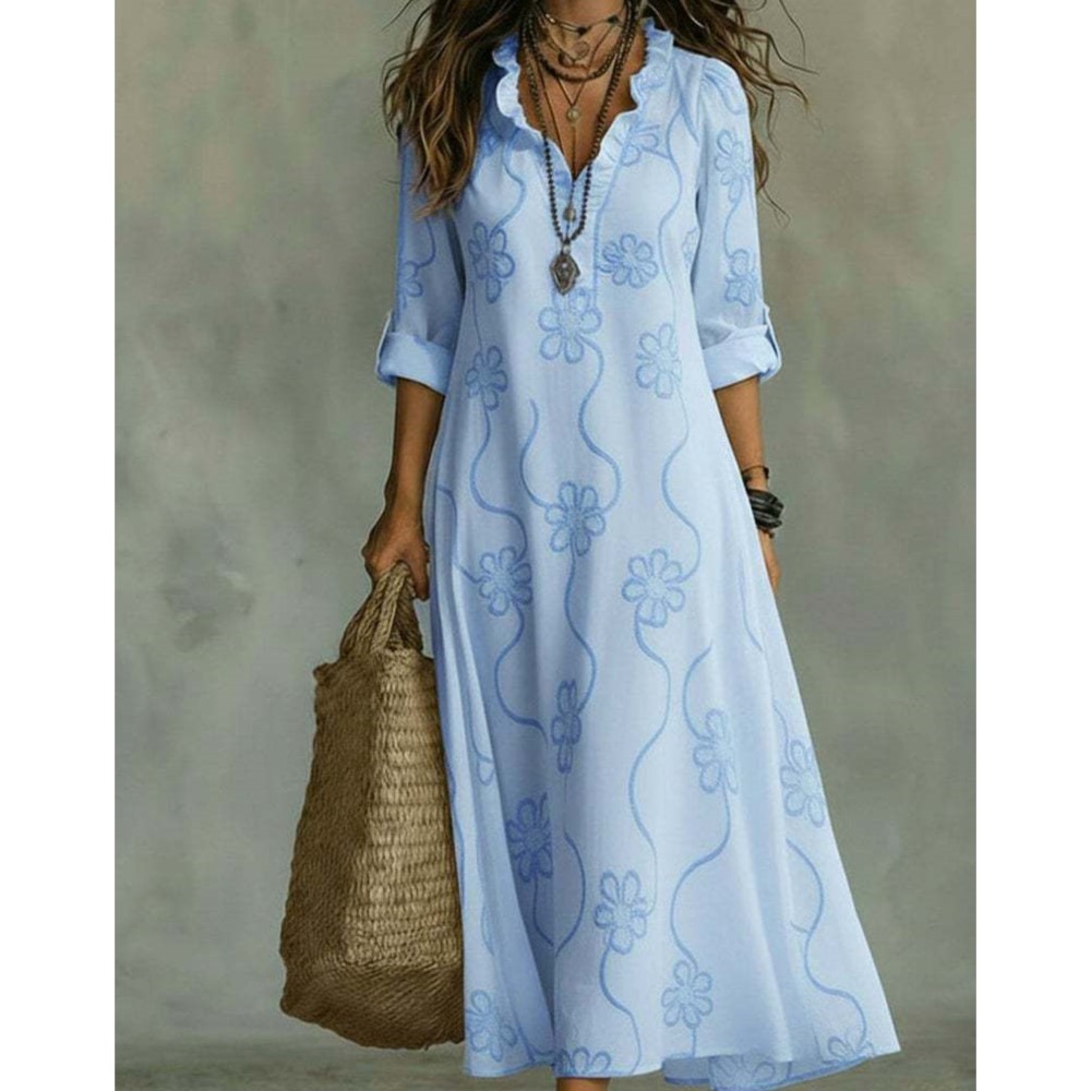 Robe longue à imprimé numérique tendance, coupe ample et style simple, avec manches mi-longues, col à oreilles en bois et taille cintrée.