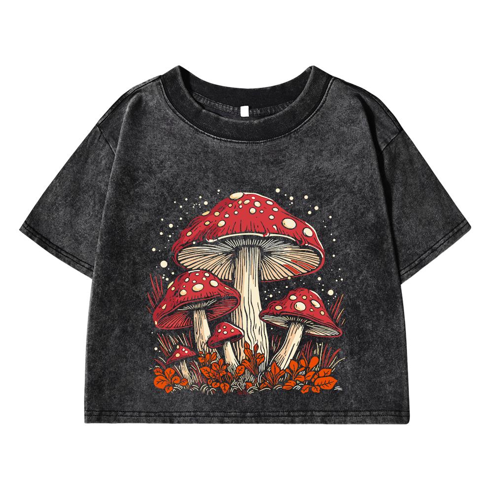 Hauts courts en coton pour femmes, tendance, col rond, T-Shirts délavés en détresse, champignon rouge, personnalité graphique imprimé, vêtements de rue