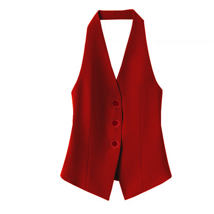 Gilet de costume pour femme, court, col licou, noir, sans manches, dos nu, boutonné, chic et élégant