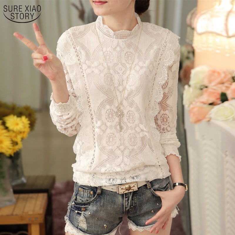 Nouveauté 2025 automne femmes Blouses à manches longues mode chemises en mousseline de soie décontractées Stand Blouses en dentelle florale décontracté hauts 07F 25