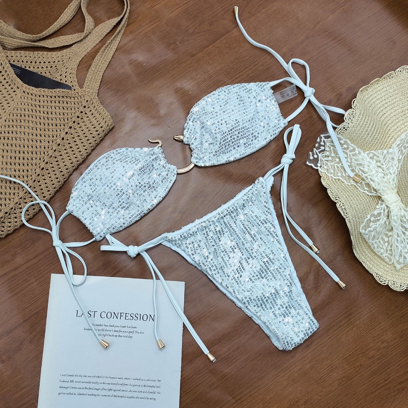 Ensemble de bikinis deux pièces brillants pour femmes, maillot de bain de fête sexy avec haut dos nu et bas triangle