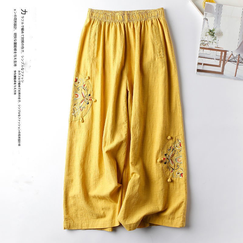 Femmes Pantalon droit décontracté coton mélangé Femme Pantalon 2025 fleur broderie ample jambe large Pantalon pour femmes Pantalon Femme