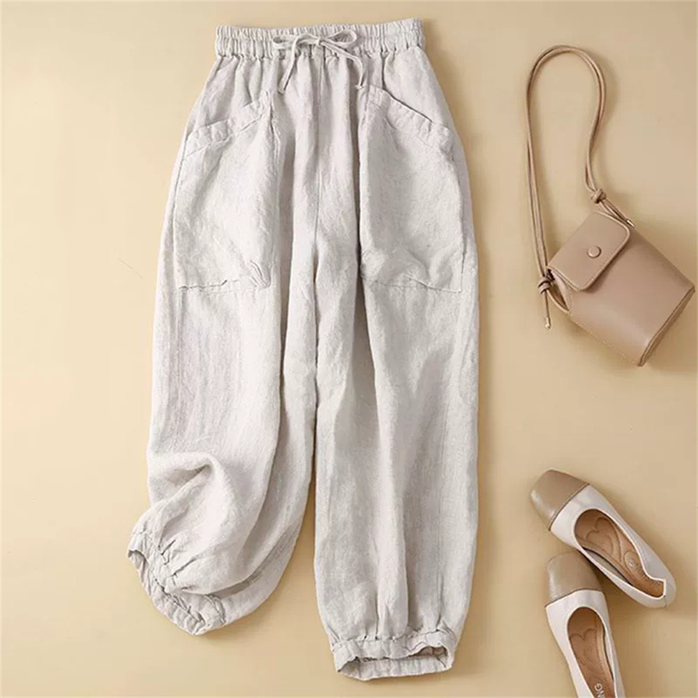 Mode coréenne coton noir pantalon femmes été 2025 nouveau décontracté ample grandes poches élastique taille haute lanterne pantalon pantalon