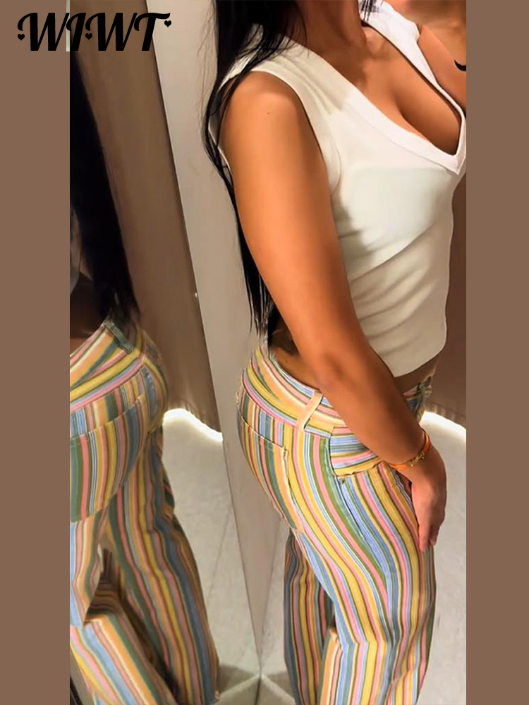 Jean rayé coloré 2026 Nouveau pantalon en denim long décontracté pour femme à taille basse, coupe large et poches contrastantes
