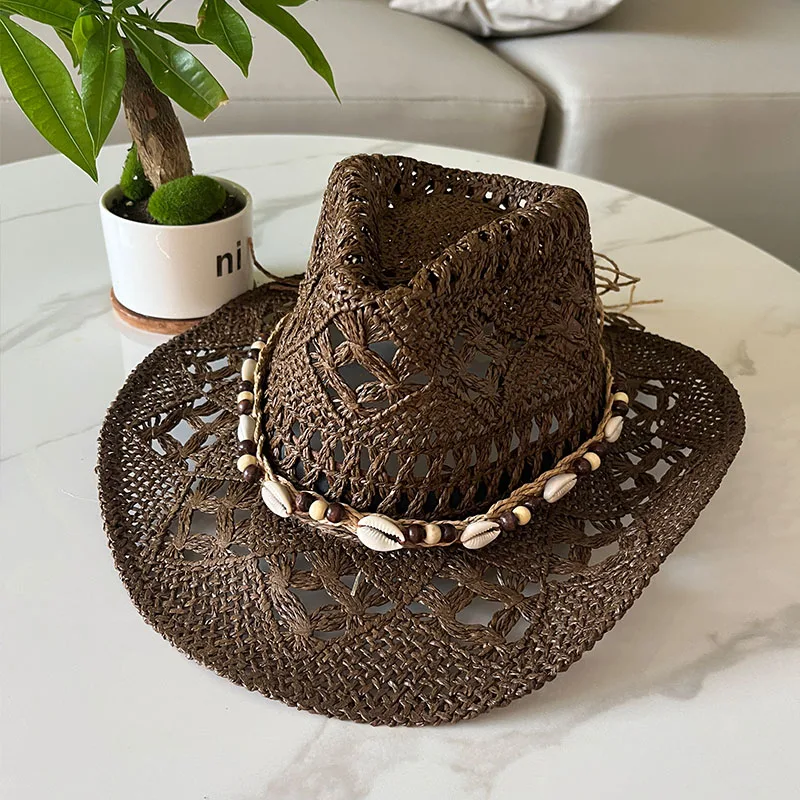 Chapeau de paille bohème d'été pour femmes et hommes, chapeaux de Cowboy de plage, perles en bois ajourées, chapeau de soleil occidental à large bord, casquette de vacances