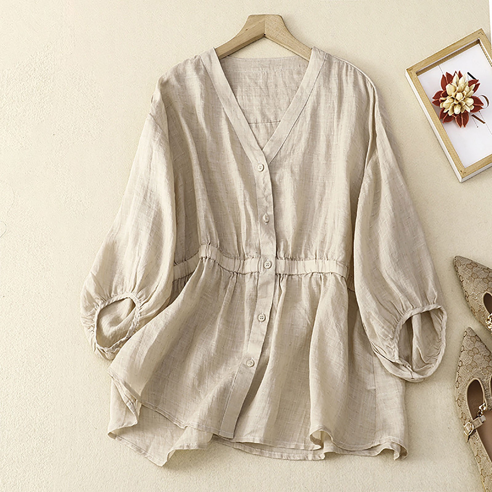 Chemise surdimensionnée en coton et lin pour femmes, chemisiers de style coréen, chemises monochromes, col en V décontracté, bouton, été, 2025