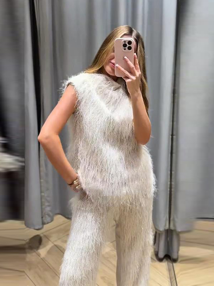 Ensemble pantalon et gilet élégant pour femmes, haut sans manches, Baggy, luxe, fausse fourrure, tenue chaude, nouvelle mode décontractée, printemps 2026