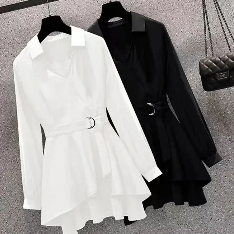 Chemise courte taille haute à manches longues pour femmes, chemisiers d'été, chemise de travail élégante décontractée, coupe couvertes, blanc, noir, haut Y2K, printemps, nouveau, 2025