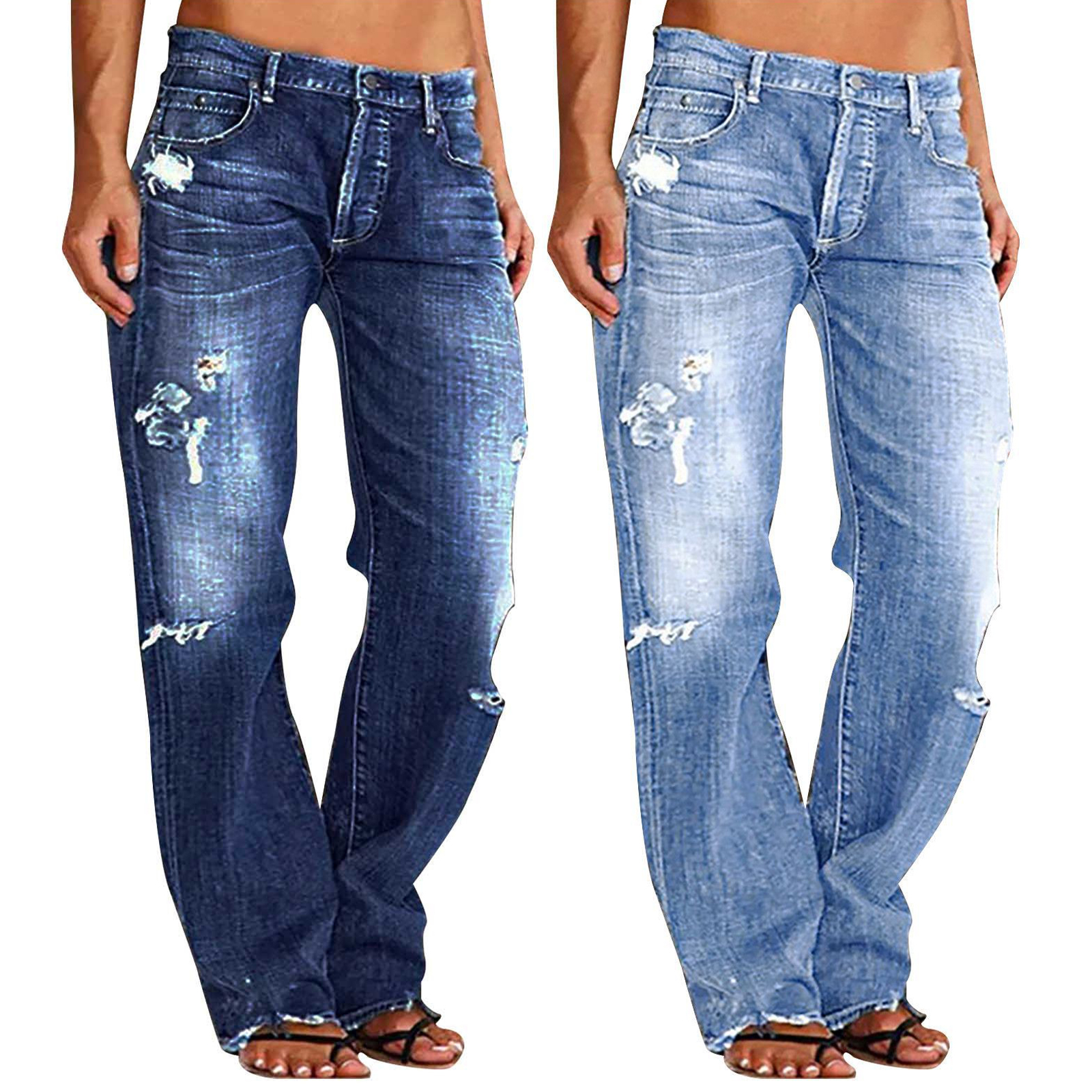 Femmes hommes Denim pantalon décontracté déchiré ample jambe droite jean pantalon bas à la mode pour Streetwear