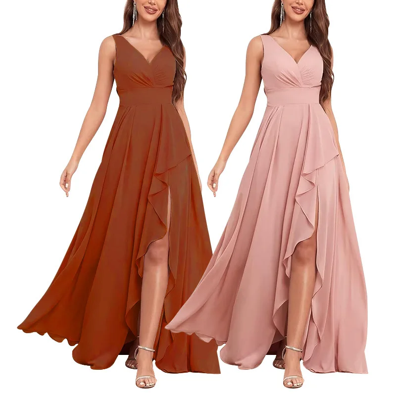 Robe de demoiselle d'honneur décontractée, col en V, fente latérale, longue, à volants, robe de soirée formelle, fête de mariage, quelle que soit la robe en mousseline de soie, nouvelle mode 2024