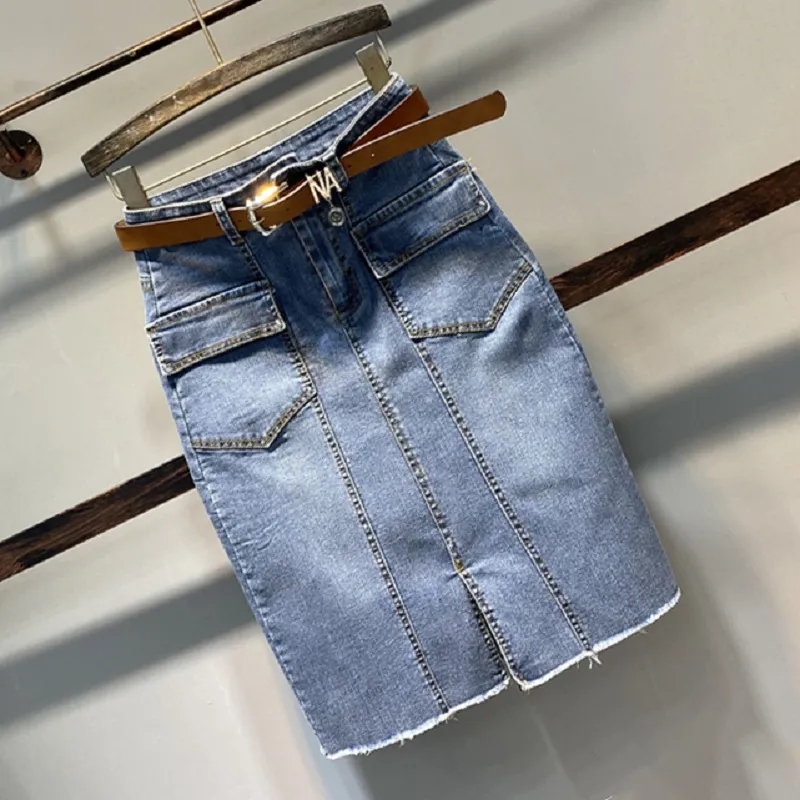 Jupe en jean taille haute élastique mi-longue moulante pour femme, nouvelle mode printemps-été 2026, avec fente et polyvalente
