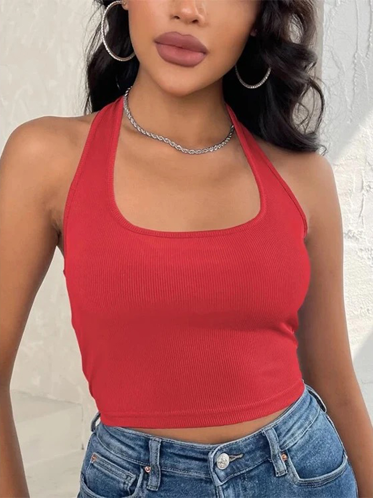 Haut de lit en fibre de verre pour femme, col licou en tricot, rouge basique, sport décontracté, émaillé initié, dames sexy, été