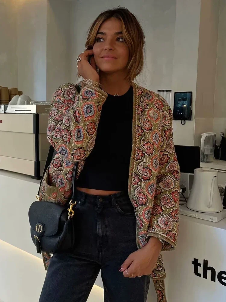Cardigan matelassé imprimé pour femme avec poche, veste à lacets, coton chaud, hiver, optique, 2024