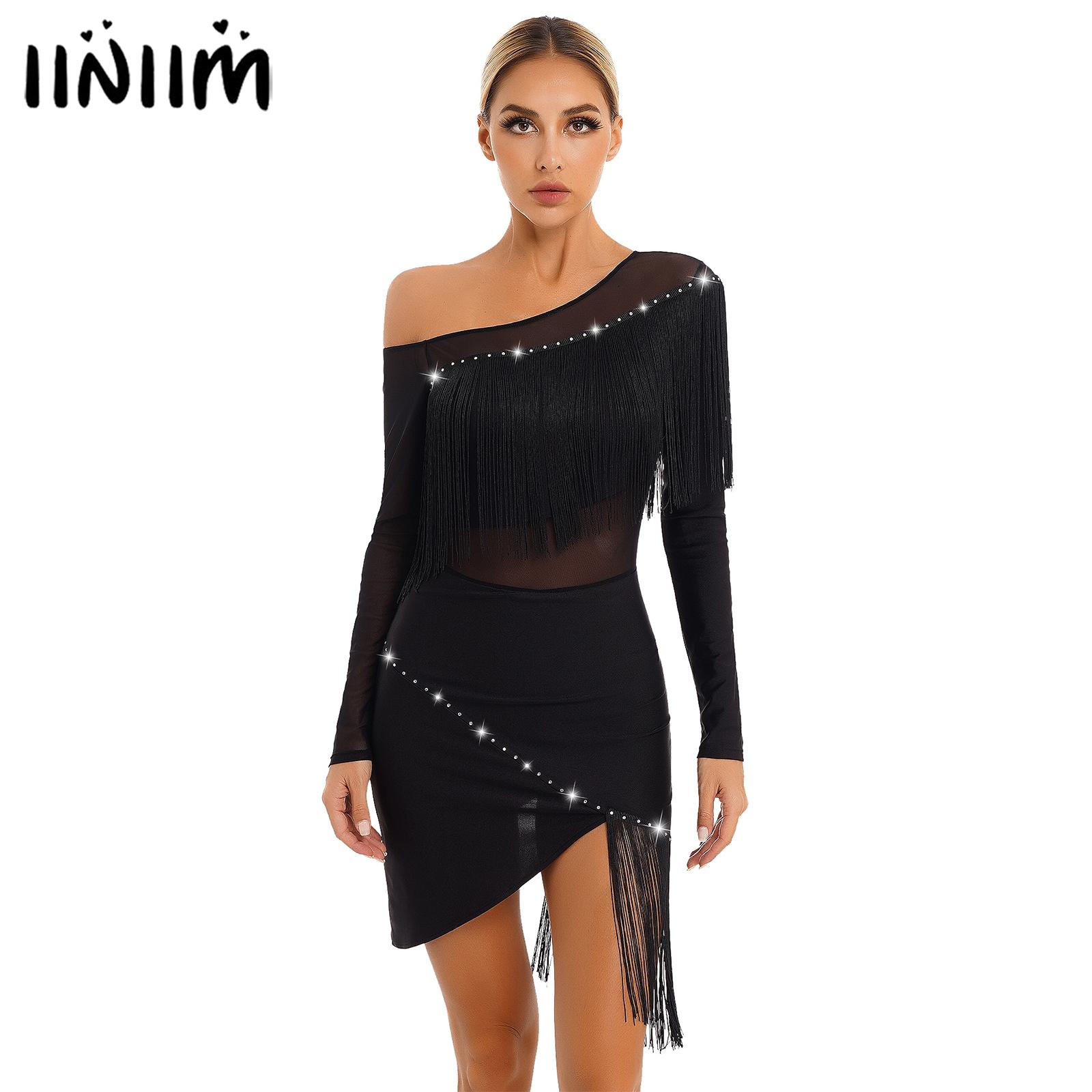 Robe de danse latine pour femmes, épaules obliques, franges, ourlet irrégulier, robes de salle de bal, Tango ChaCha Rumba Samba, Costumes de compétition