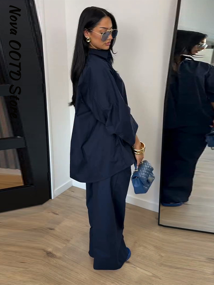 Ensemble chemise et pantalon amples pour femme, col à revers uni, simple boutonnage, manches longues, hauts amples, pantalon large, 2 pièces, tenue printemps 2026