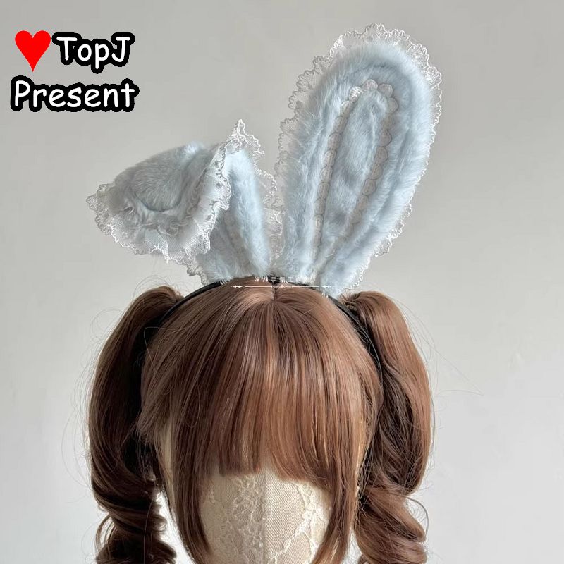 Serre-tête Lolita Gothique Élégant à Oreilles de Lapin Japonais, en Dentelle et Perles, avec Volants, Accessoire de Coiffure