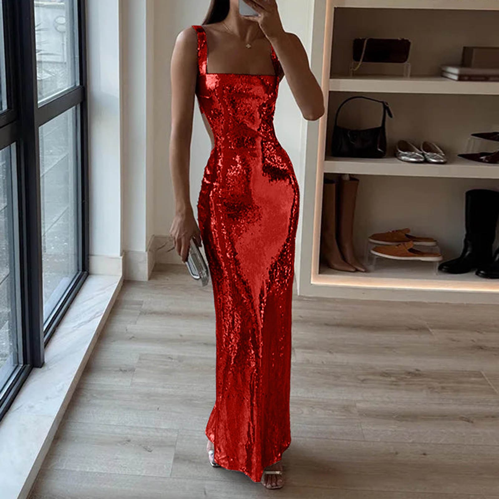 Robes de Cocktail pour femmes Sexy paillettes moulante robe Maxi dos nu sans manches robe à bretelles soirée élégante Robes de soirée Longue