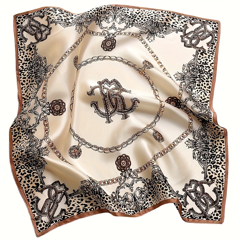Foulard carré de luxe 100 % pure soie imprimé léopard, bandana à chaîne, foulard de cou, foulard pour cheveux, bandeau, accessoire de sac pour femme, cadeau